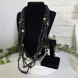 Vintage Black Wood and Seed Multi Strand Necklace and Earrings